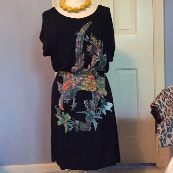 Black cotton screen printed short-sleeve dress - Picture 3 of 8